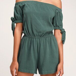 Lulus Georgiana Washed Olive Green Off-the-Shoulder Romper